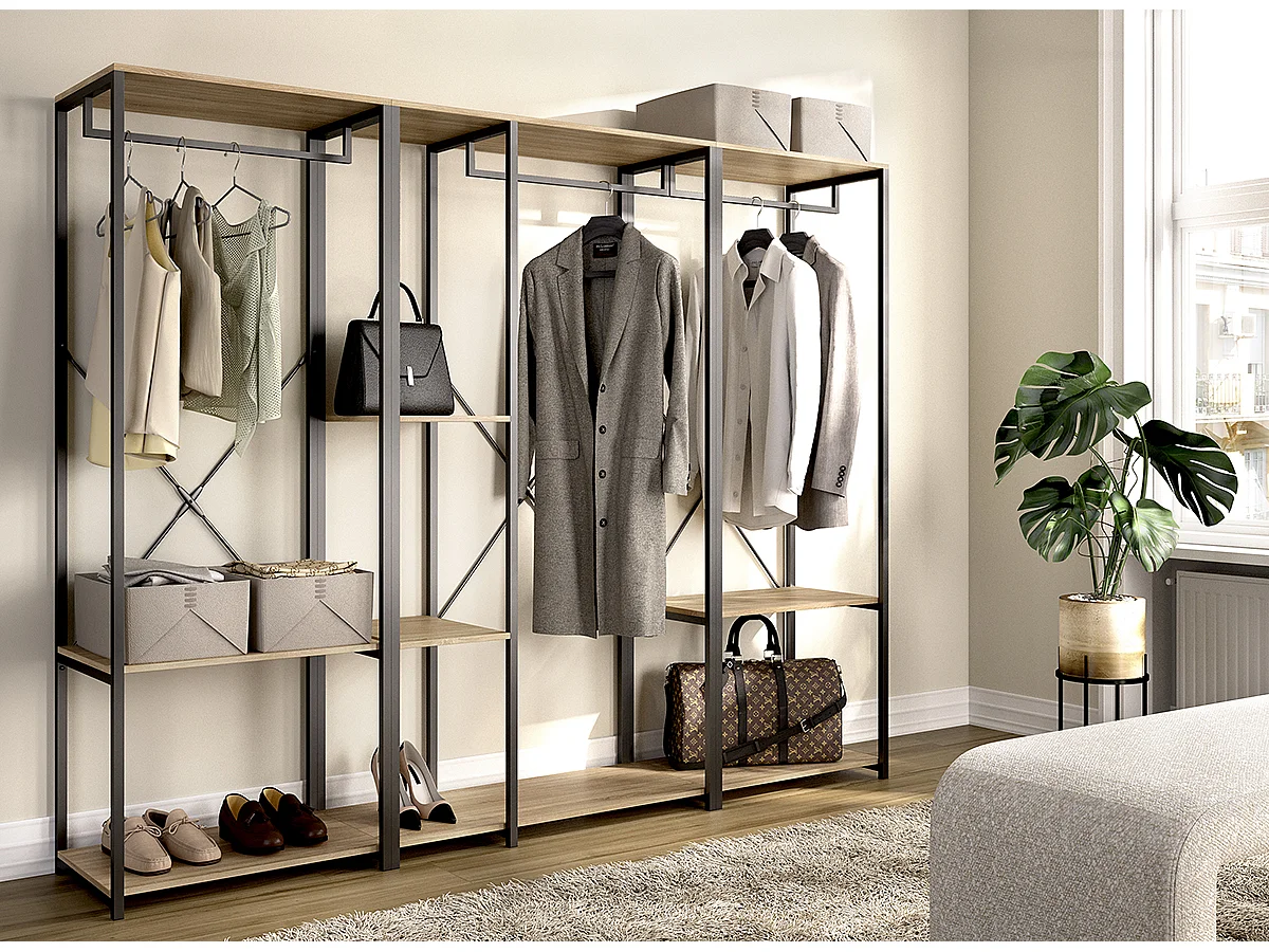 Portant à vêtements triple penderie de structure métallique avec 4 étagères de rangement, coloris naturel/noir - Hauteur 167 x Longueur 210 x Profondeur 40,4 cm