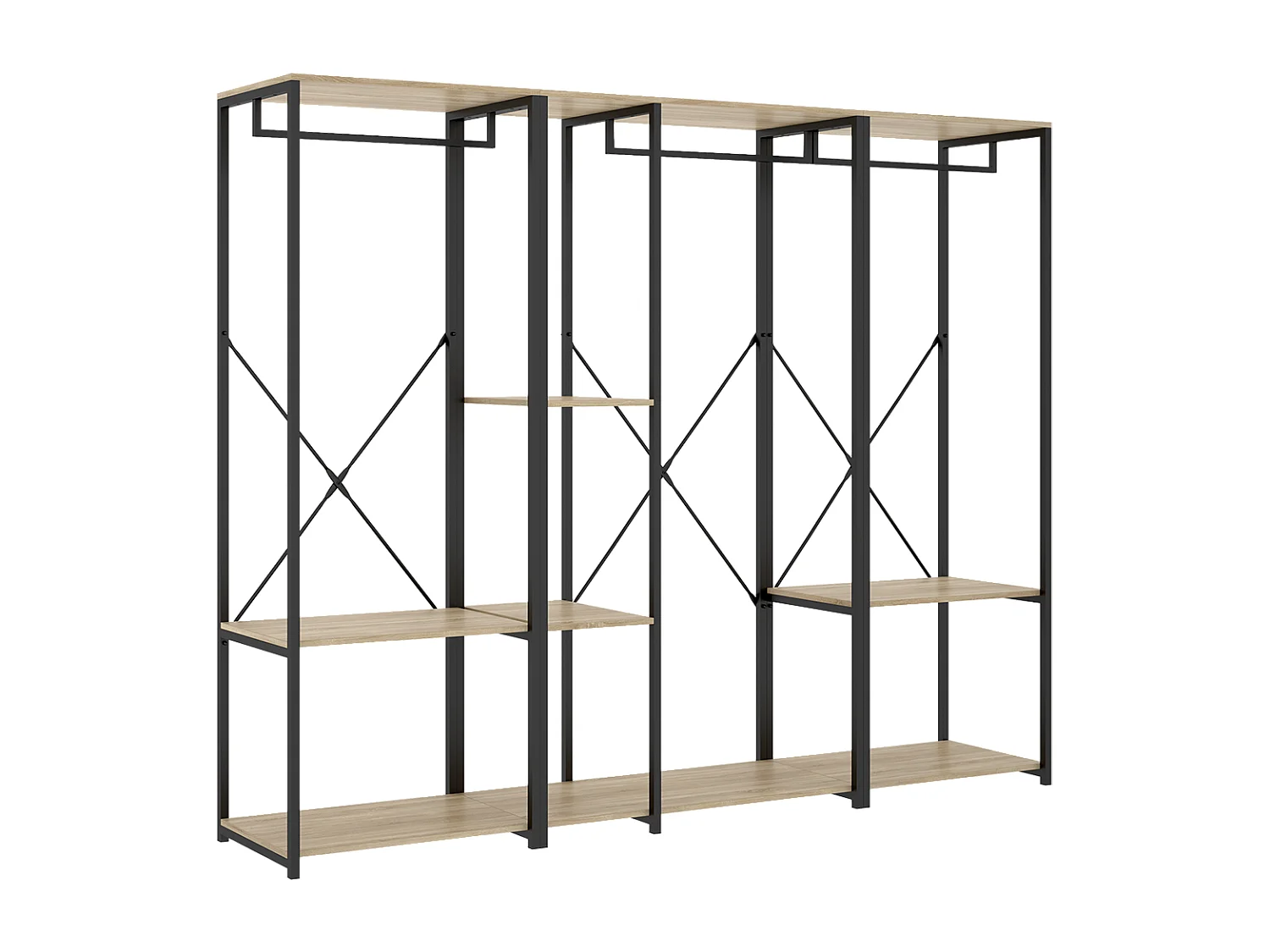 Portant à vêtements triple penderie de structure métallique avec 4 étagères de rangement, coloris naturel/noir - Hauteur 167 x Longueur 210 x Profondeur 40,4 cm