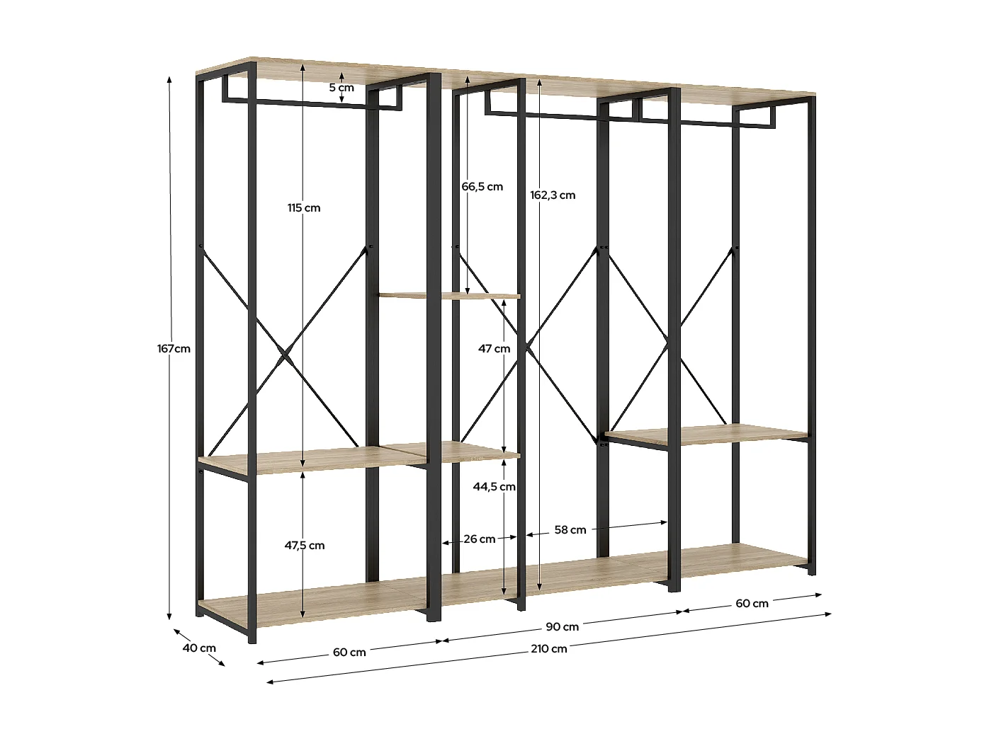 Portant à vêtements triple penderie de structure métallique avec 4 étagères de rangement, coloris naturel/noir - Hauteur 167 x Longueur 210 x Profondeur 40,4 cm