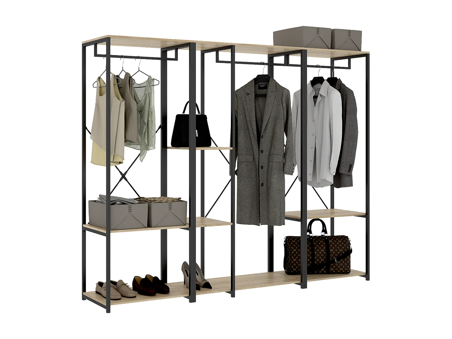 Portant à vêtements triple penderie de structure métallique avec 4 étagères de rangement, coloris naturel/noir - Hauteur 167 x Longueur 210 x Profondeur 40,4 cm