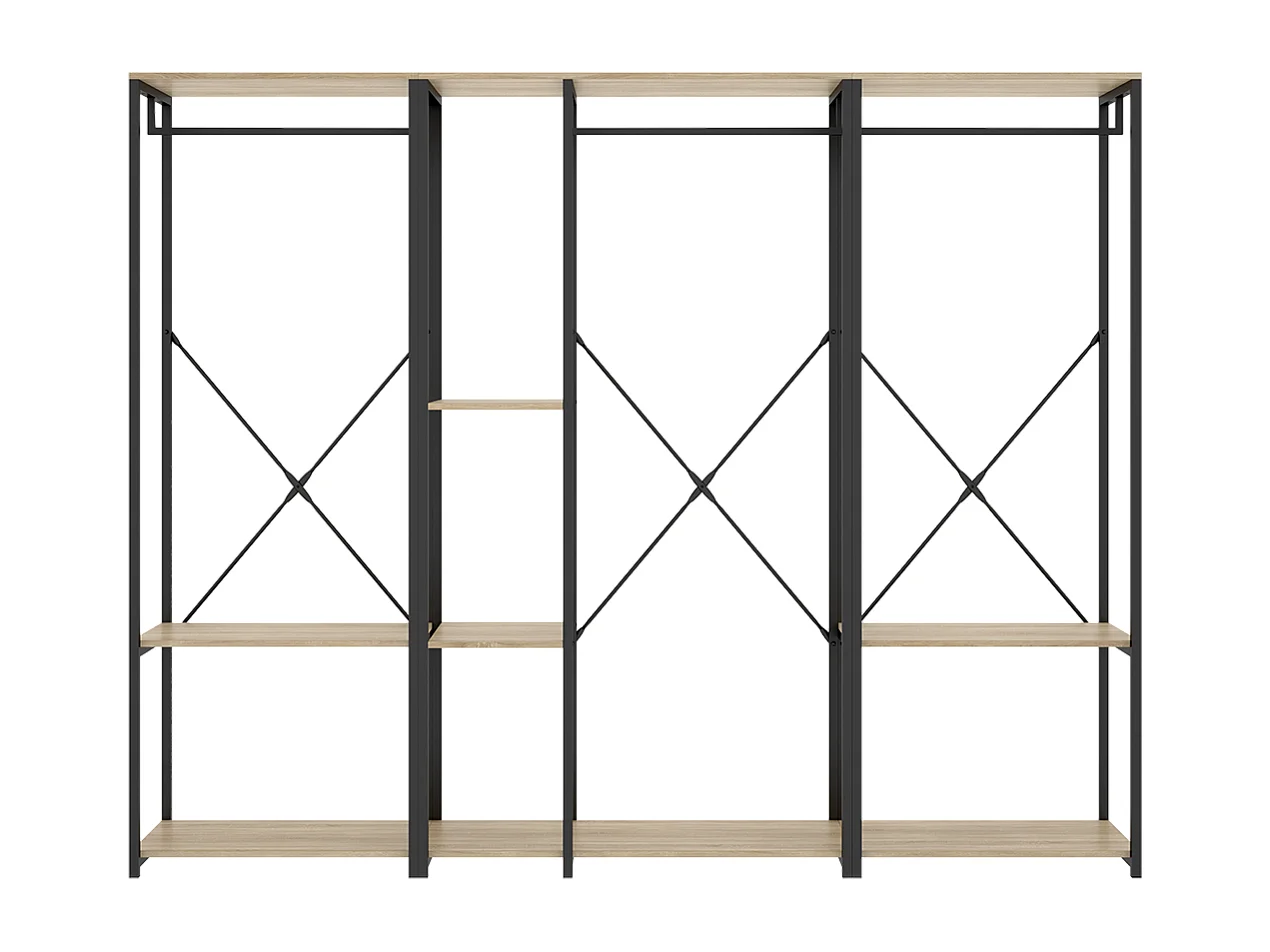 Portant à vêtements triple penderie de structure métallique avec 4 étagères de rangement, coloris naturel/noir - Hauteur 167 x Longueur 210 x Profondeur 40,4 cm
