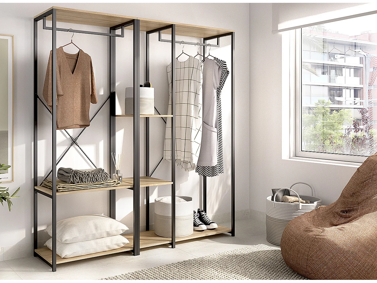 Portant à vêtements double penderie de structure métallique avec 3 étagères de rangement, coloris naturel/noir - Hauteur 167 x Longueur 150 x Profondeur 40,4 cm