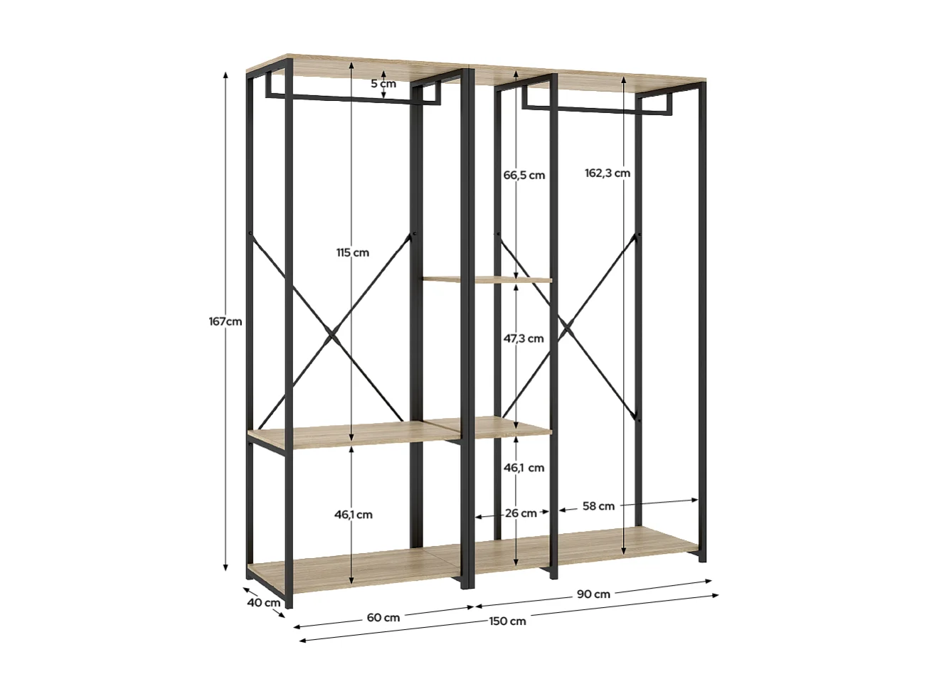 Portant à vêtements double penderie de structure métallique avec 3 étagères de rangement, coloris naturel/noir - Hauteur 167 x Longueur 150 x Profondeur 40,4 cm