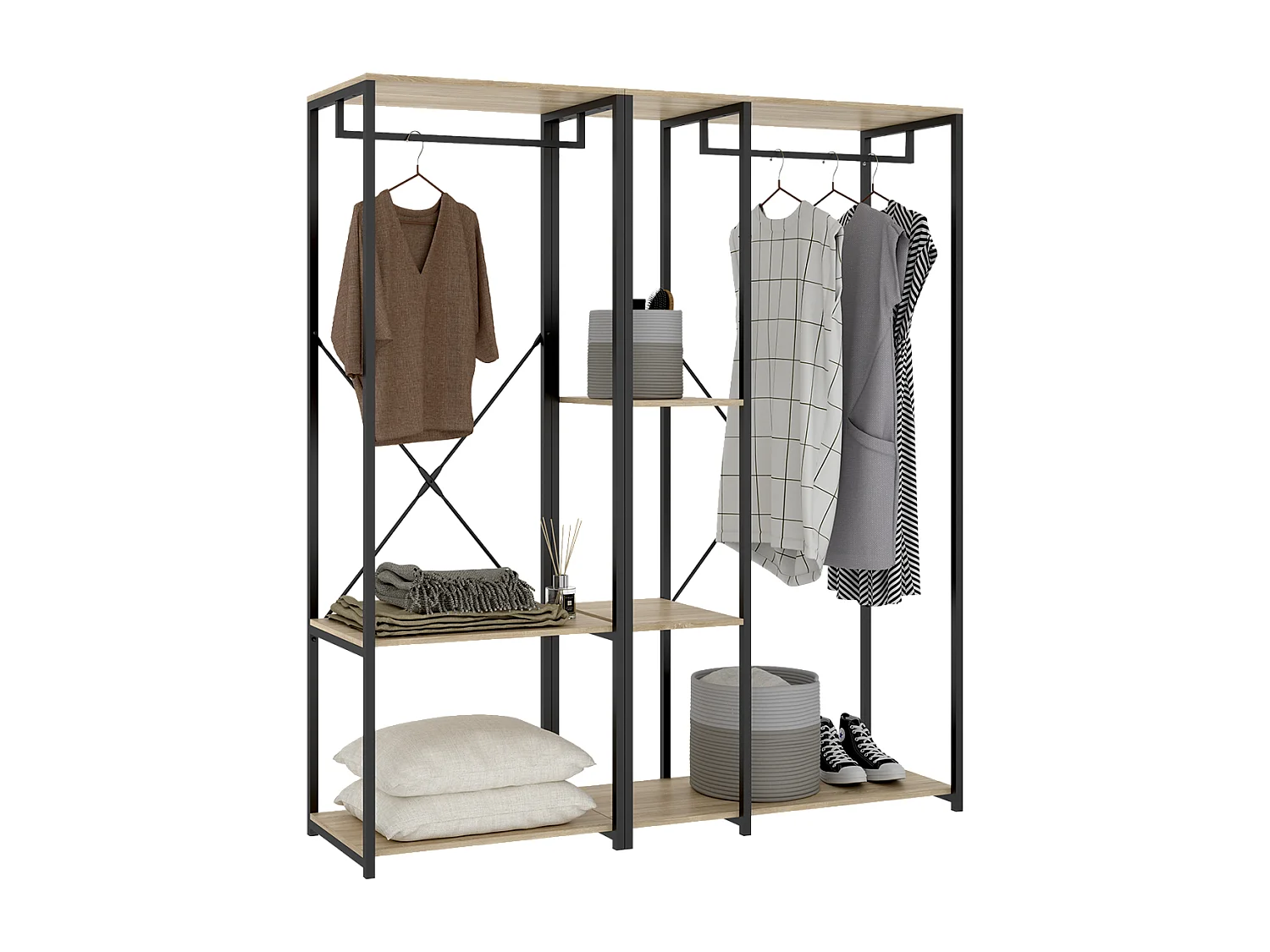 Portant à vêtements double penderie de structure métallique avec 3 étagères de rangement, coloris naturel/noir - Hauteur 167 x Longueur 150 x Profondeur 40,4 cm