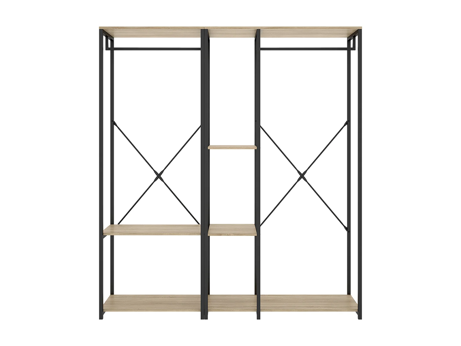 Portant à vêtements double penderie de structure métallique avec 3 étagères de rangement, coloris naturel/noir - Hauteur 167 x Longueur 150 x Profondeur 40,4 cm