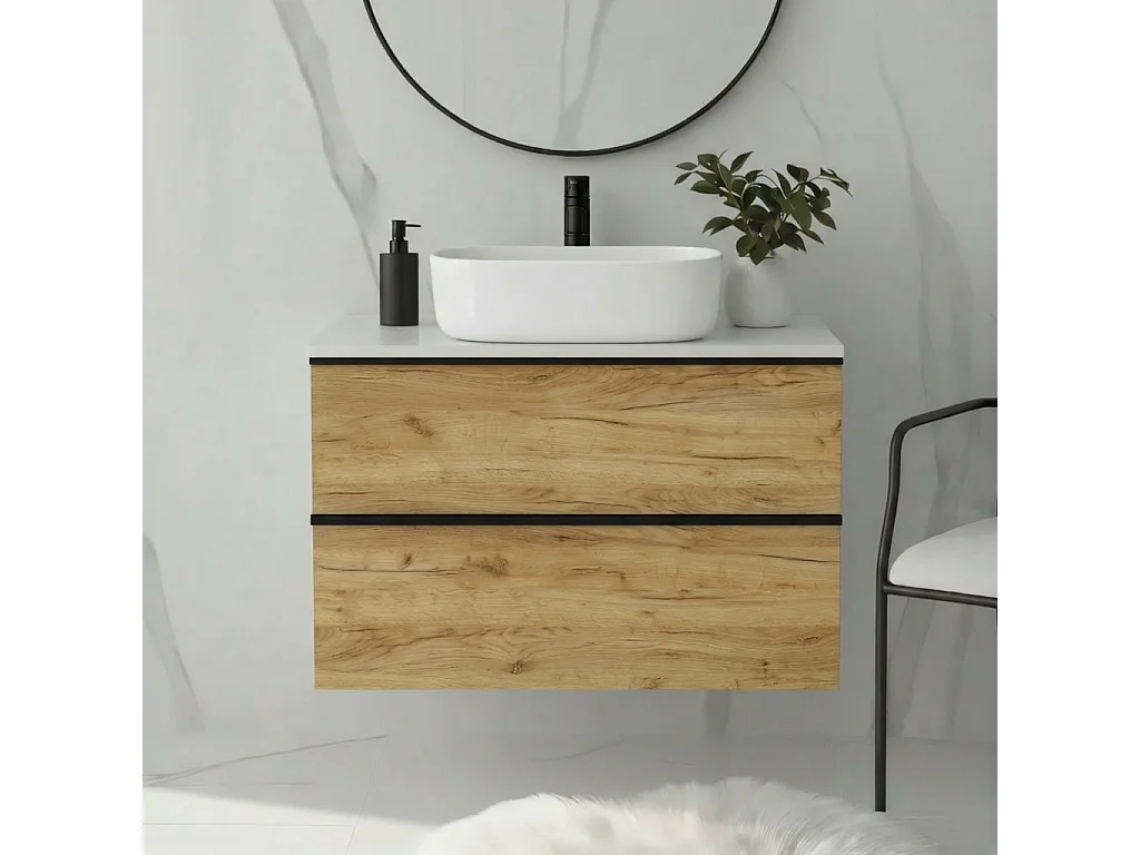 Mueble de baño suspendido 60 cm con lavabo – roble craft dorado – 2 cajones – ONE