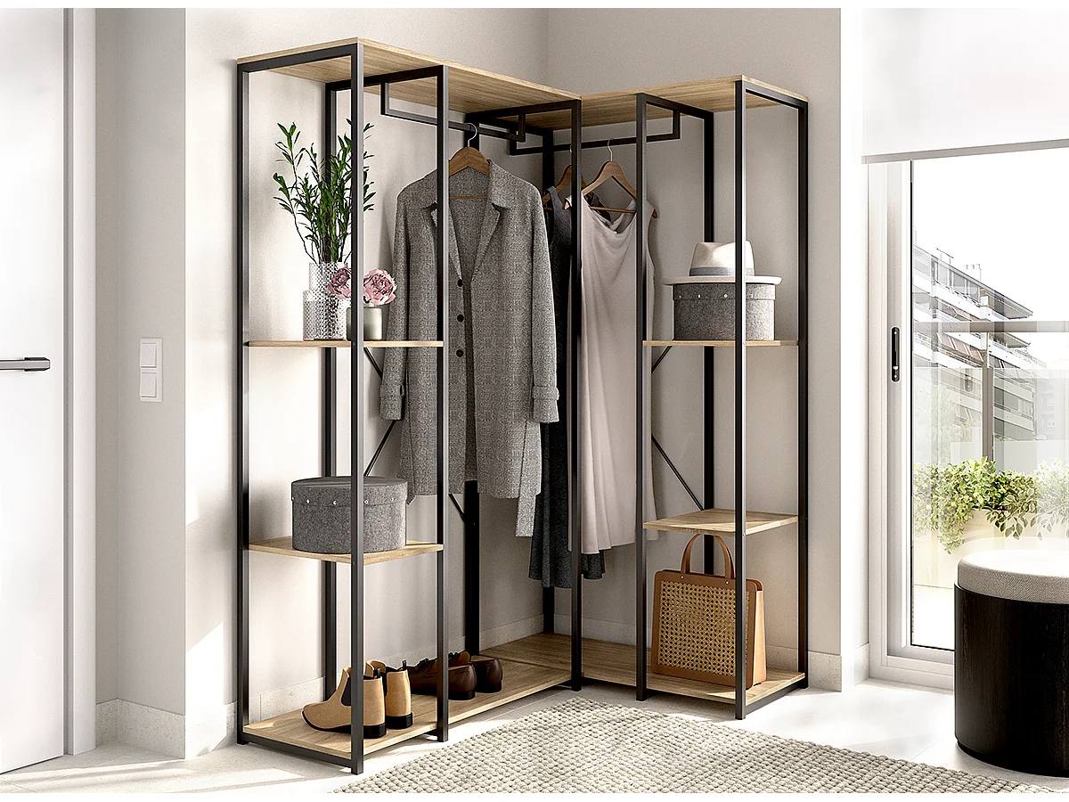 Portant à vêtements d'angle à double penderie de structure métallique avec 6 étagères de rangement, coloris naturel/noir