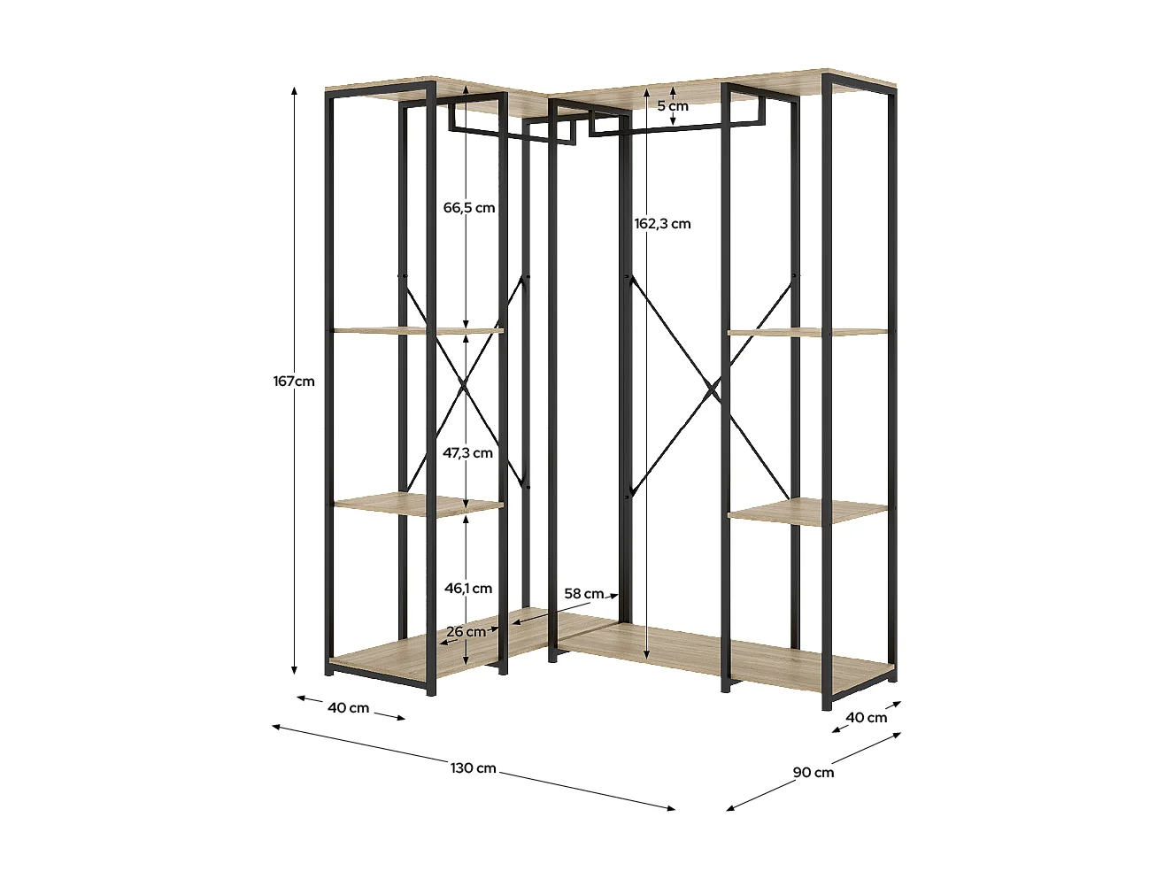 Portant à vêtements d'angle à double penderie de structure métallique avec 6 étagères de rangement, coloris naturel/noir