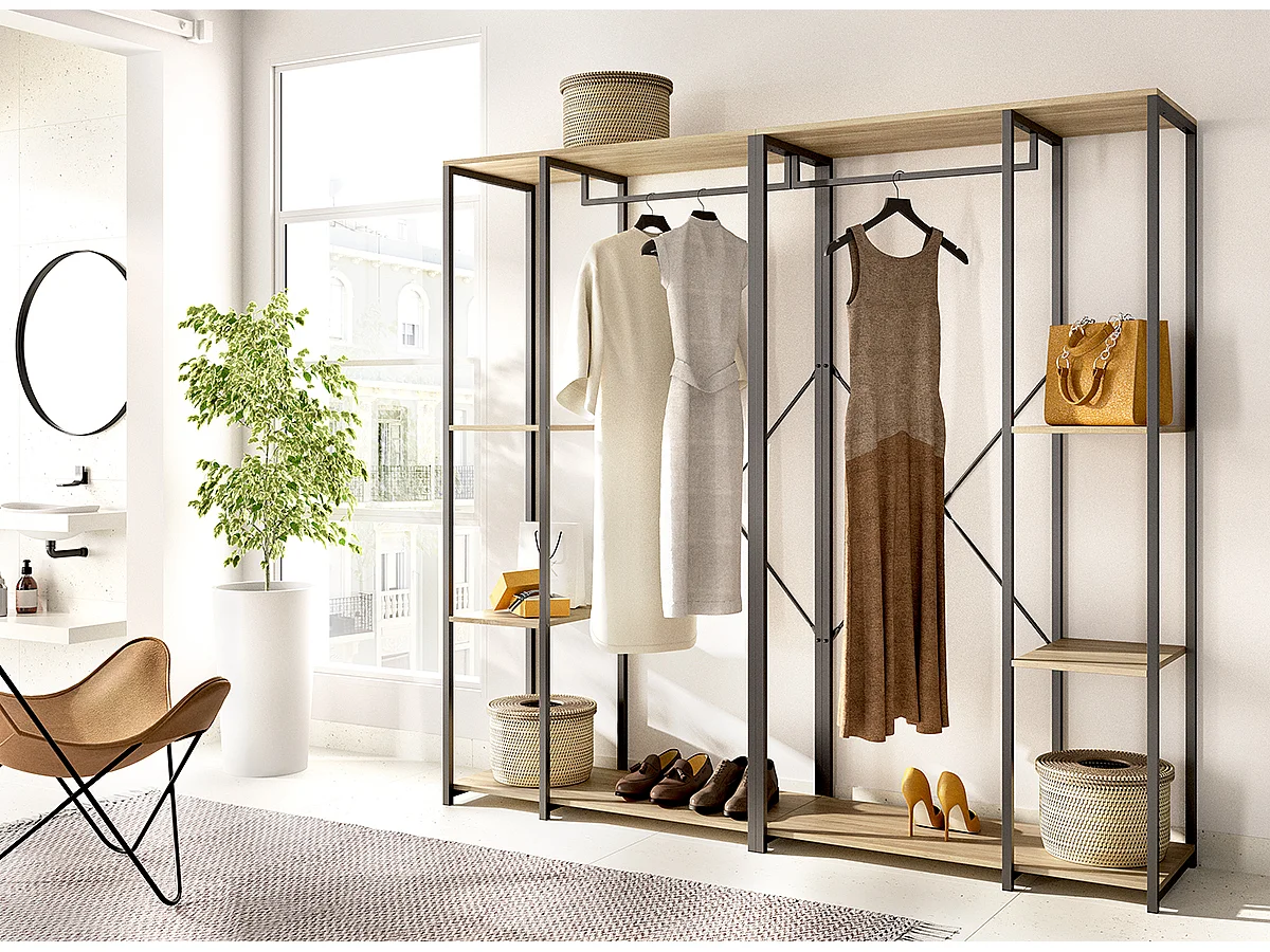 Portant à vêtements double penderie de structure métallique avec 5 étagères de rangement, coloris naturel/noir - Hauteur 167 x Longueur 180 x Profondeur 40,4 cm