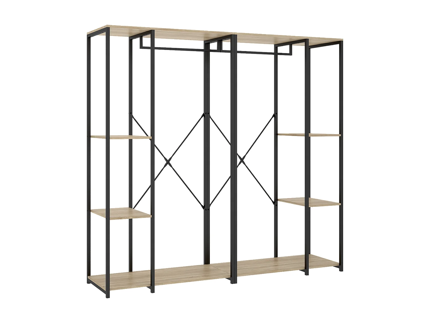 Portant à vêtements double penderie de structure métallique avec 5 étagères de rangement, coloris naturel/noir - Hauteur 167 x Longueur 180 x Profondeur 40,4 cm