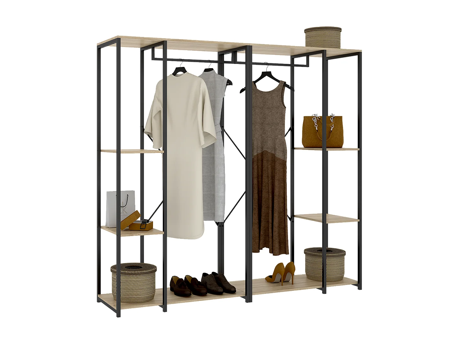 Portant à vêtements double penderie de structure métallique avec 5 étagères de rangement, coloris naturel/noir - Hauteur 167 x Longueur 180 x Profondeur 40,4 cm