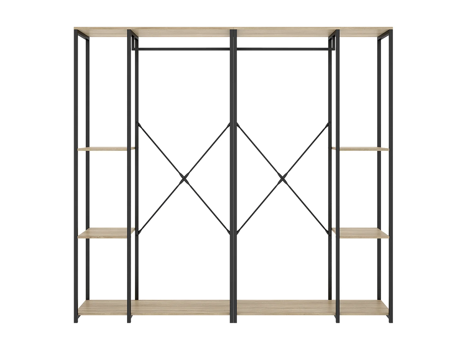 Portant à vêtements double penderie de structure métallique avec 5 étagères de rangement, coloris naturel/noir - Hauteur 167 x Longueur 180 x Profondeur 40,4 cm