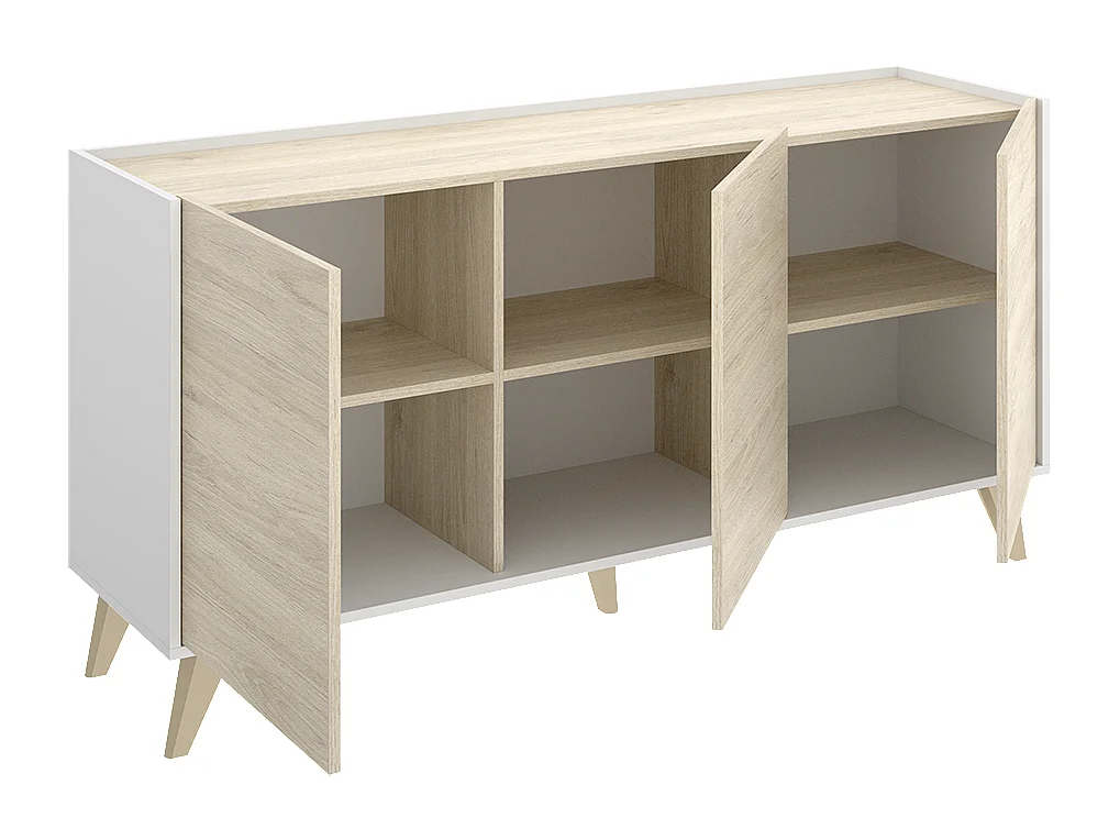Salle à manger complète, Table à manger extensible + buffet à 3 portes + vitrine à 3 portes et 1 niche, finition coloris naturel/blanc