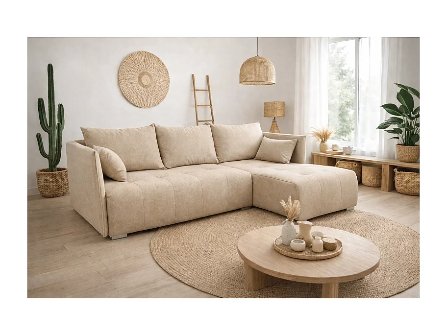 Canapé d'angle convertible NESIA 4 places en tissu - 215 cm - avec coffre de rangement