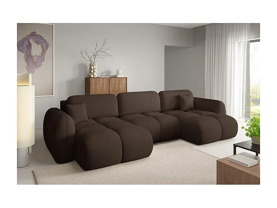 Canapé d’angle panoramique convertible 6 places PILENIA en tissu bouclette - 370 cm