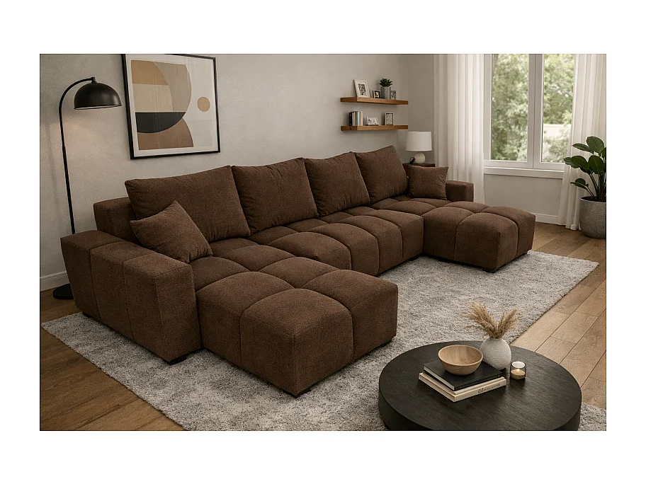 Canapé d’angle panoramique convertible COLINIA effet nuage en tissu - 6 places - 325 cm