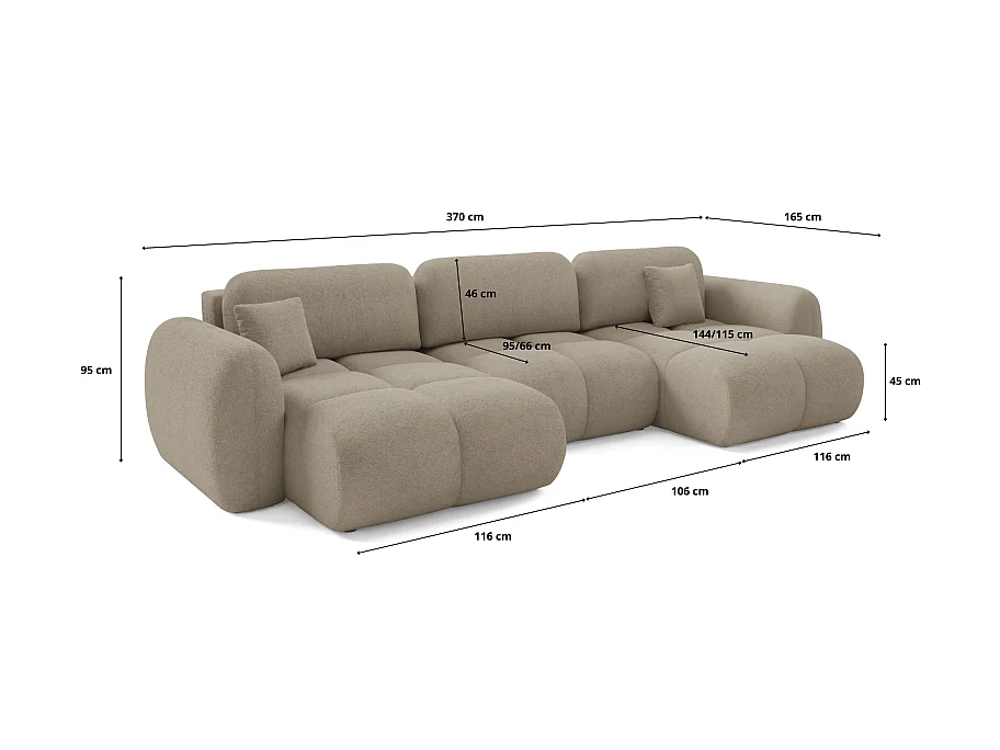 Canapé d’angle panoramique convertible 6 places PILENIA en tissu bouclette - 370 cm