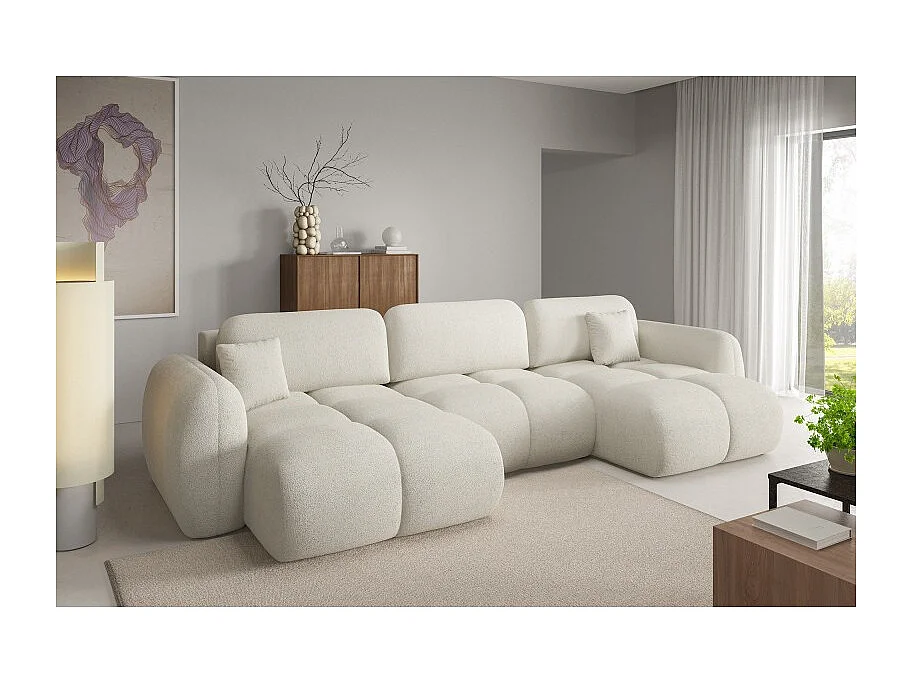 Canapé d’angle panoramique convertible 6 places PILENIA en tissu bouclette - 370 cm