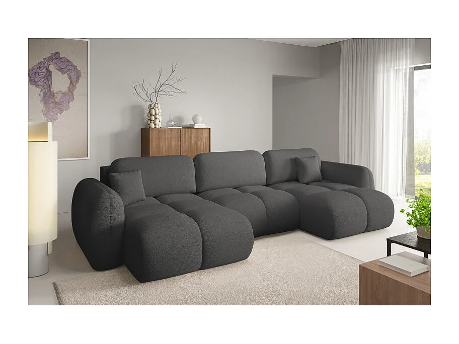 Canapé d’angle panoramique convertible 6 places PILENIA en tissu bouclette - 370 cm