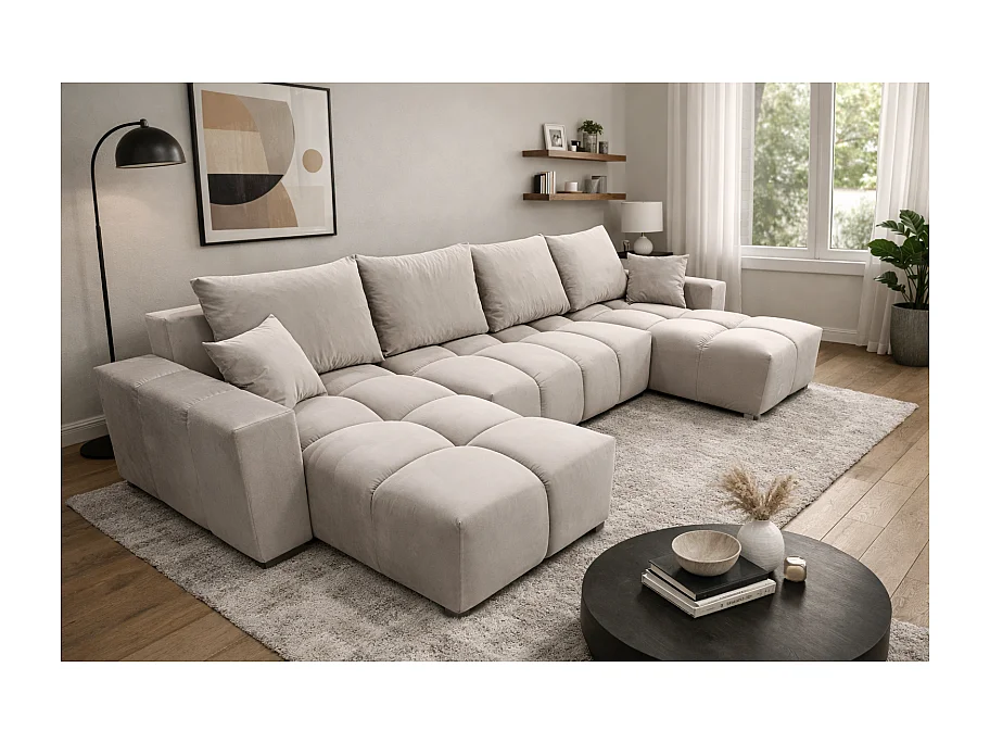 Canapé d’angle panoramique convertible COLINIA effet nuage en tissu - 6 places - 325 cm
