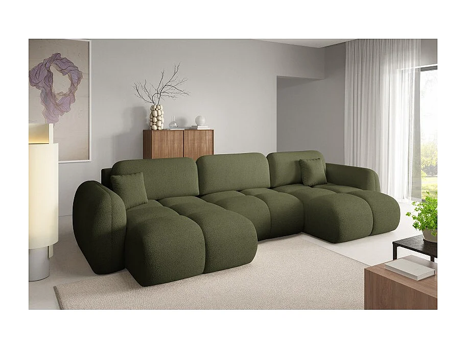 Canapé d’angle panoramique convertible 6 places PILENIA en tissu bouclette - 370 cm