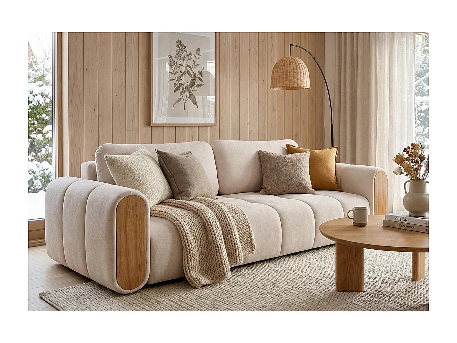 Canapé convertible 3 places effet nuage SOLINIA en tissu beige et bois