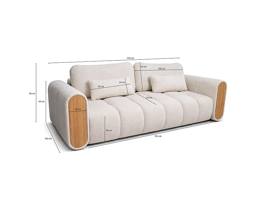 Canapé convertible 3 places effet nuage SOLINIA en tissu beige et bois