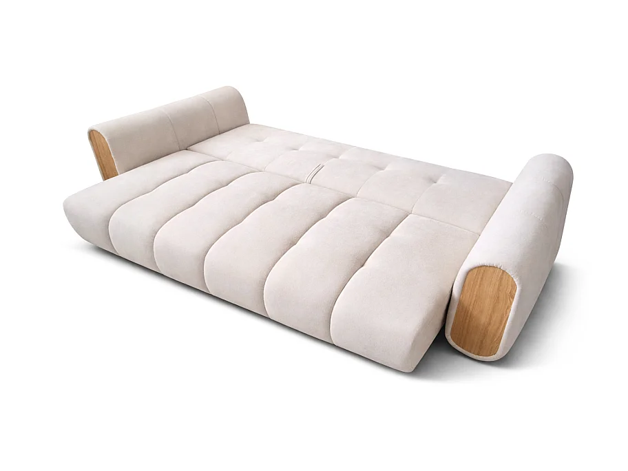 Canapé convertible 3 places effet nuage SOLINIA en tissu beige et bois