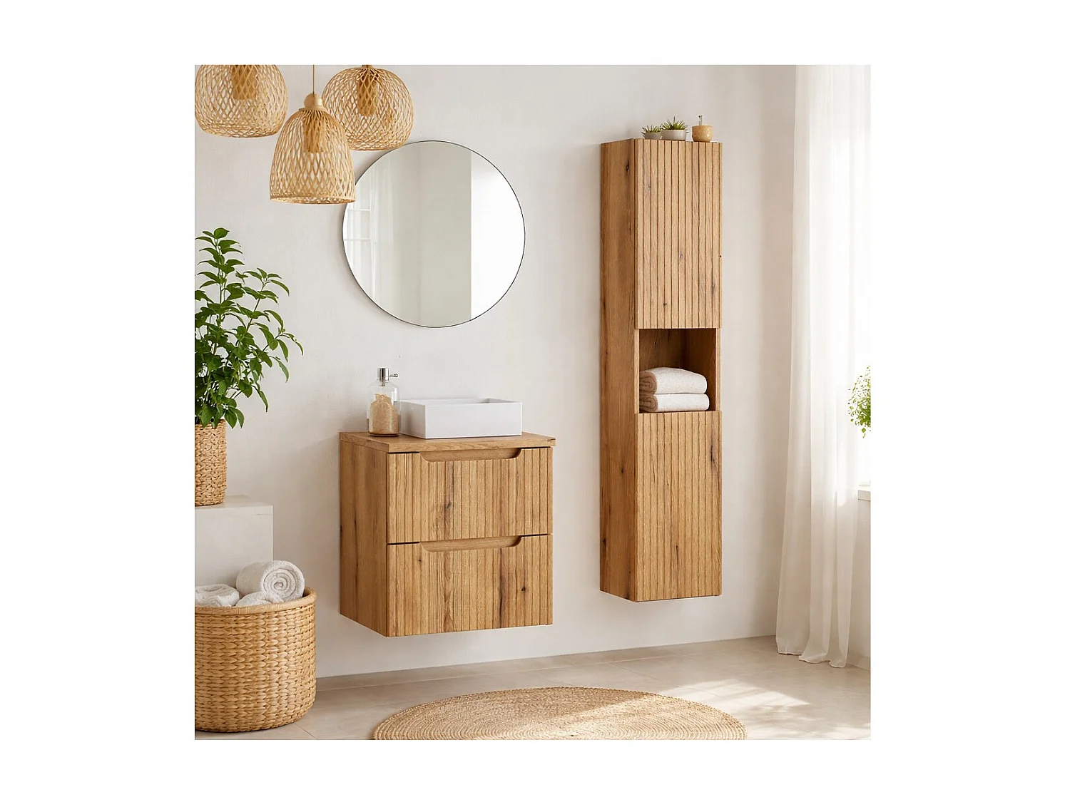 Conjunto VANO roble claro 80cm: mueble bajo lavabo con cajones + encimera para lavabo + lavabo rectangular de sobreponer + columna