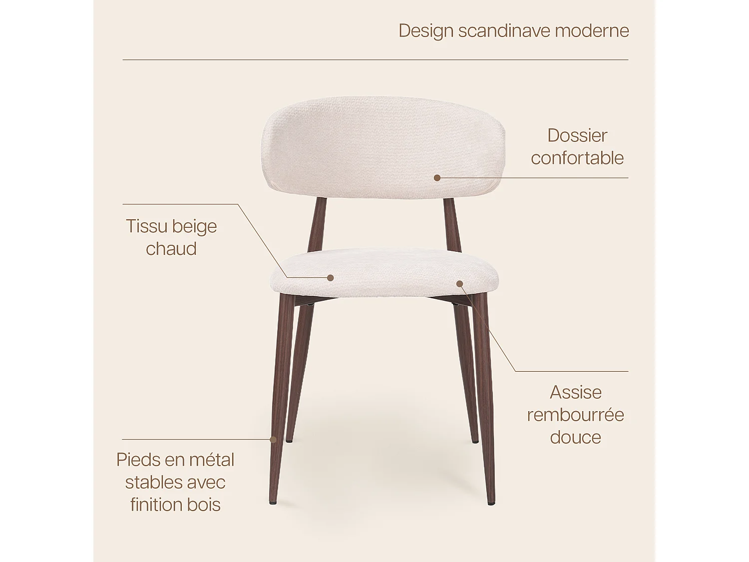 Lot de 6 chaises salle à manger - Tissu beige - Pieds effet bois noyer foncé - LEA