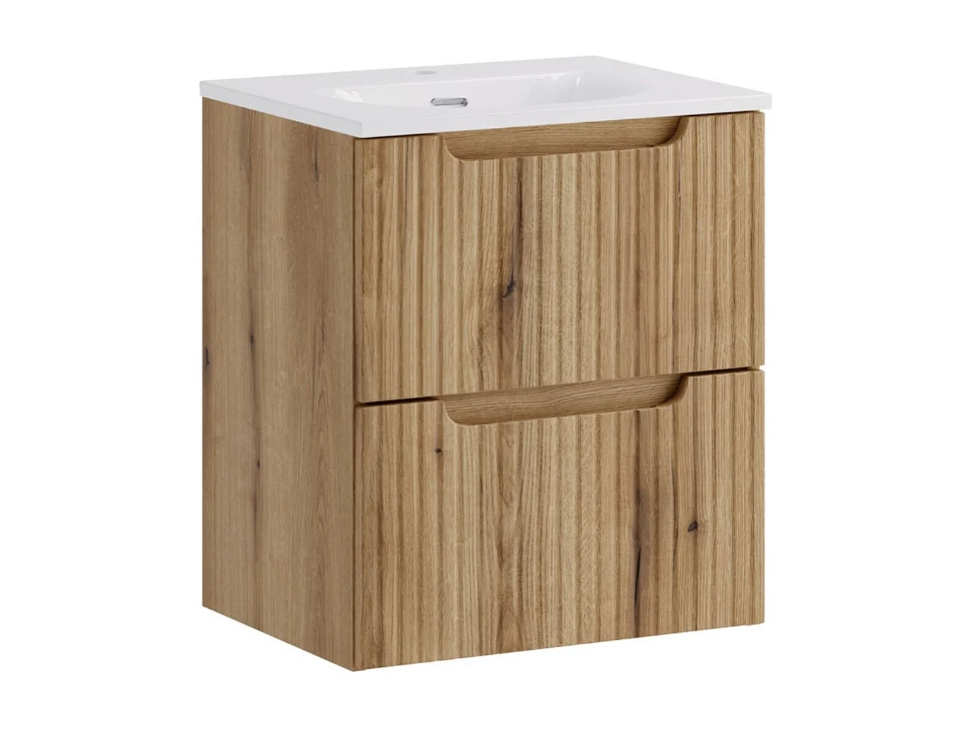 Ensemble de salle de bain suspendu VANO chêne clair 50cm : meuble sous vasque à tiroirs avec façade rainurée + vasque encastrée