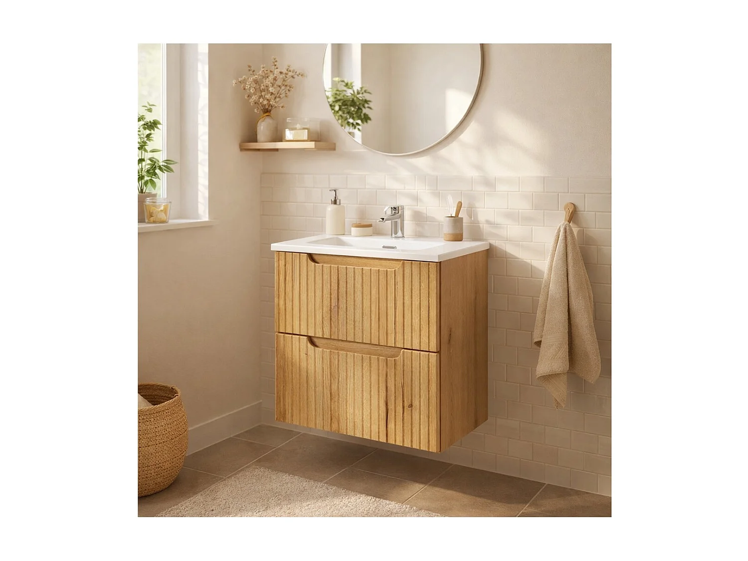 Ensemble de salle de bain suspendu VANO chêne clair 50cm : meuble sous vasque à tiroirs avec façade rainurée + vasque encastrée