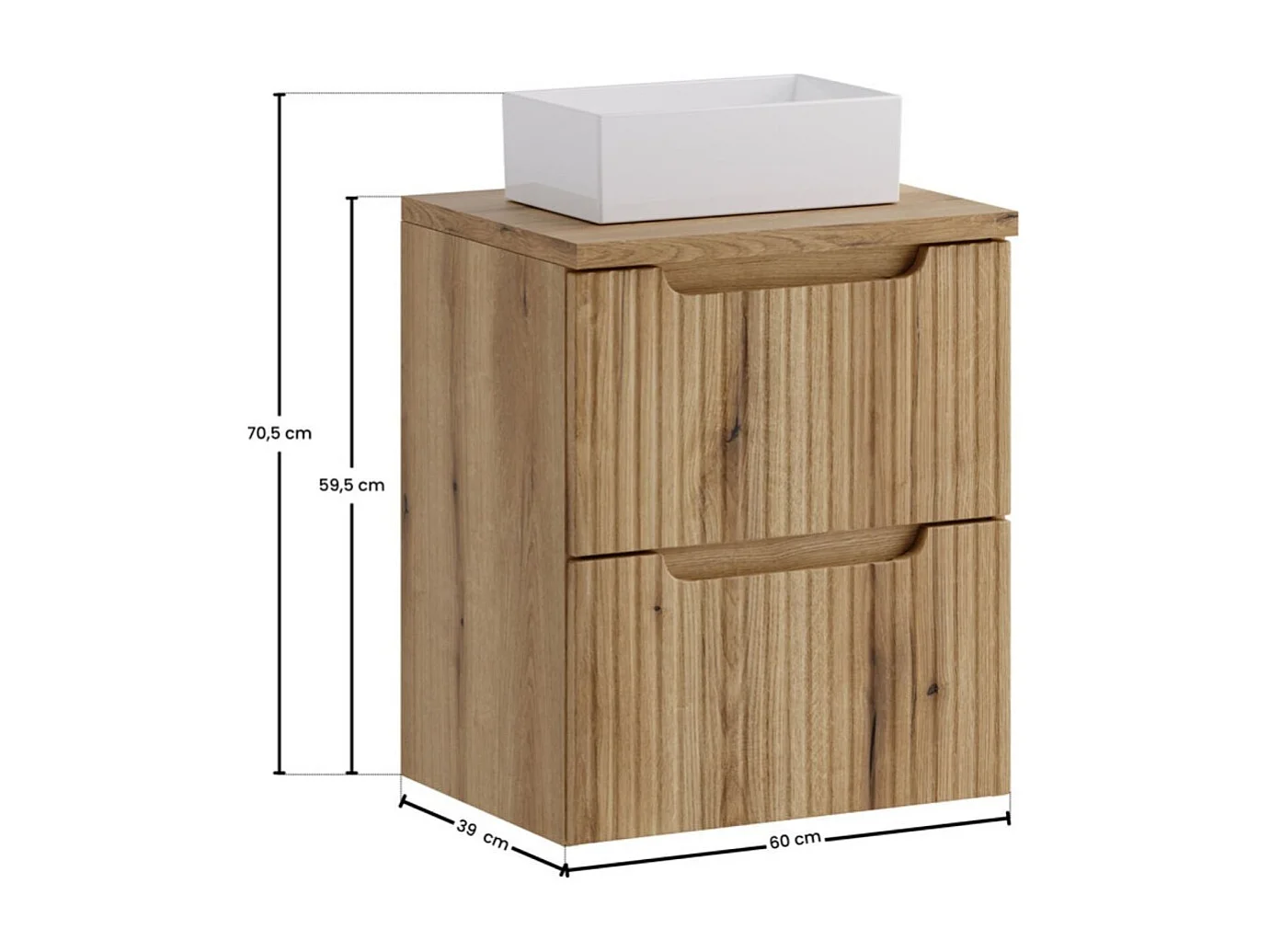 Ensemble de salle de bain VANO chêne clair 50cm : meuble sous vasque à tiroirs + plan pour vasque + vasque à poser rectangulaire