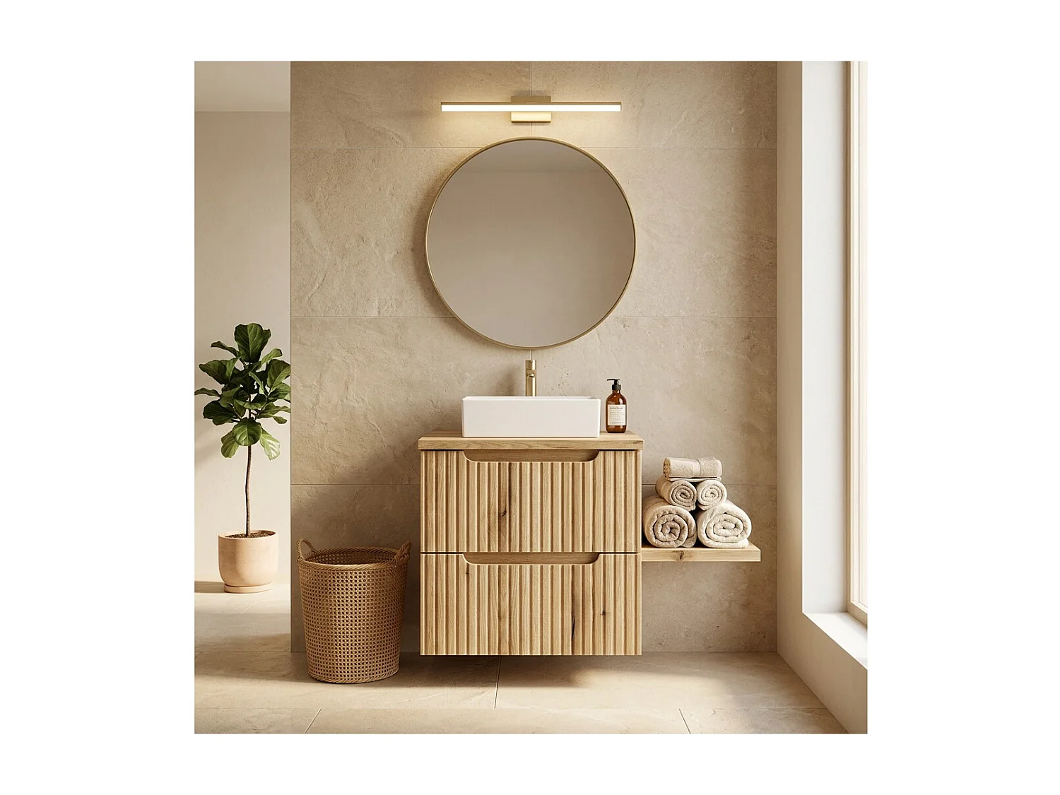 Conjunto de baño suspendido VANO roble claro 50cm: mueble bajo lavabo con cajones y frente ranurado + encimera para lavabo