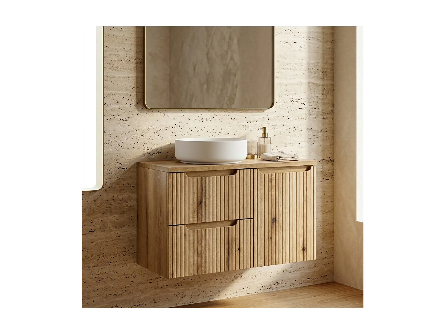 Ensemble de salle de bain VANO chêne clair 90cm : meubles sous vasques à tiroirs avec panier à linge intégré + plan pour vasque