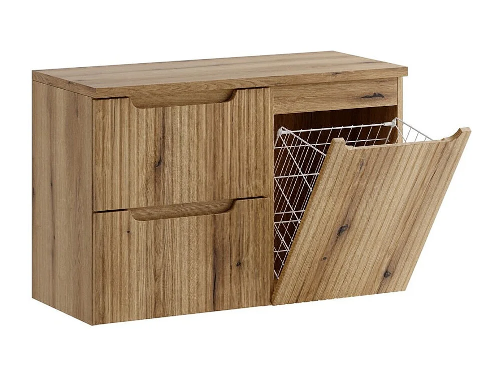 Ensemble de salle de bain VANO chêne clair 90cm : meubles sous vasques à tiroirs avec panier à linge intégré + plan pour vasque