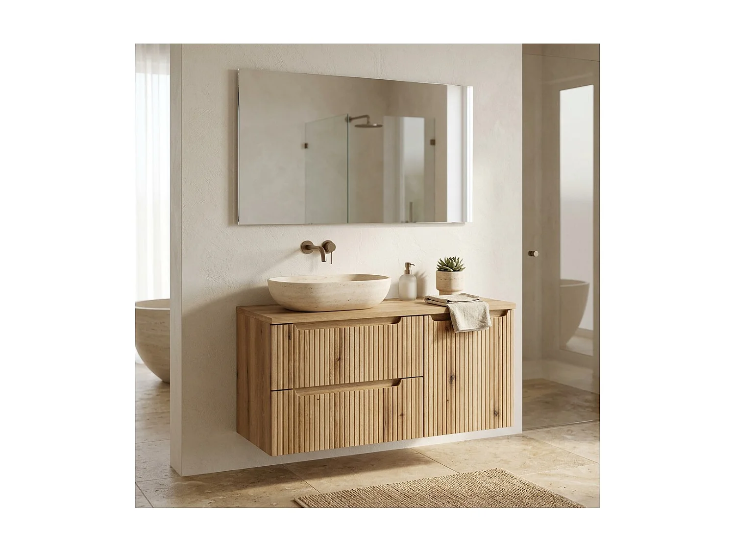 Ensemble de salle de bain VANO chêne clair 100cm : meubles sous vasque à tiroirs avec panier à linge intégré + plan pour vasque