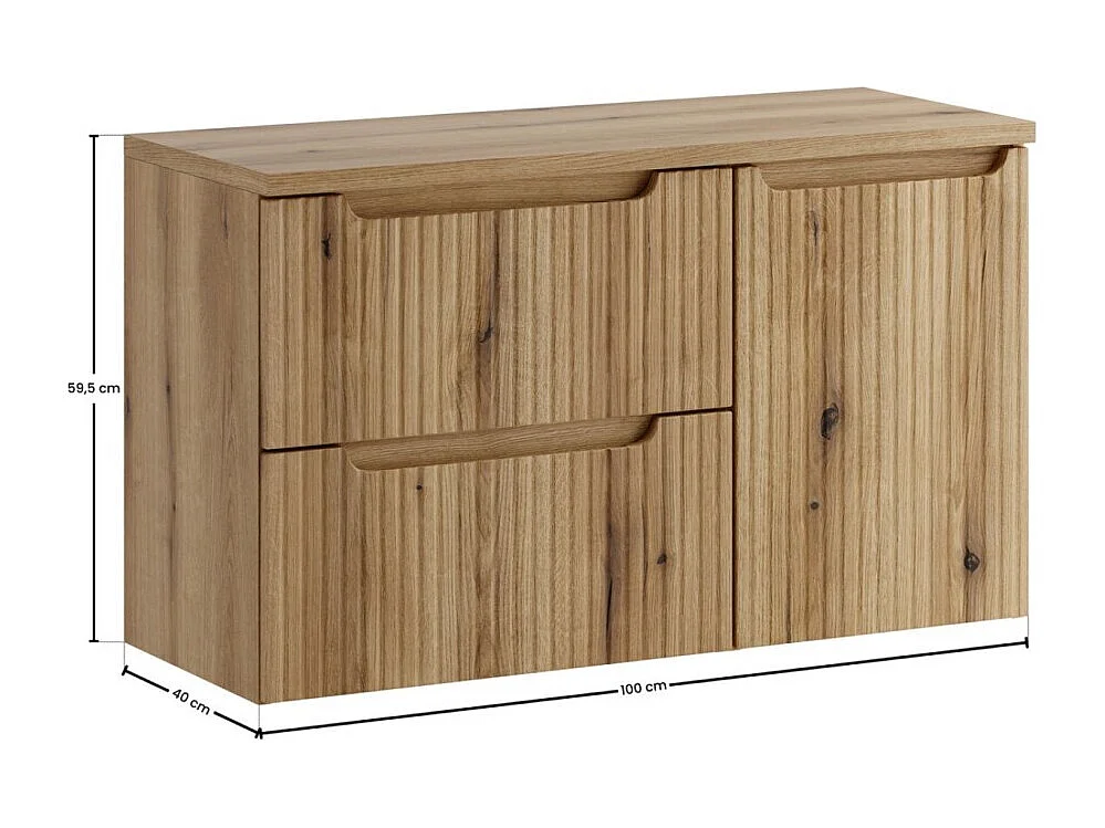 Ensemble de salle de bain VANO chêne clair 100cm : meubles sous vasque à tiroirs avec panier à linge intégré + plan pour vasque