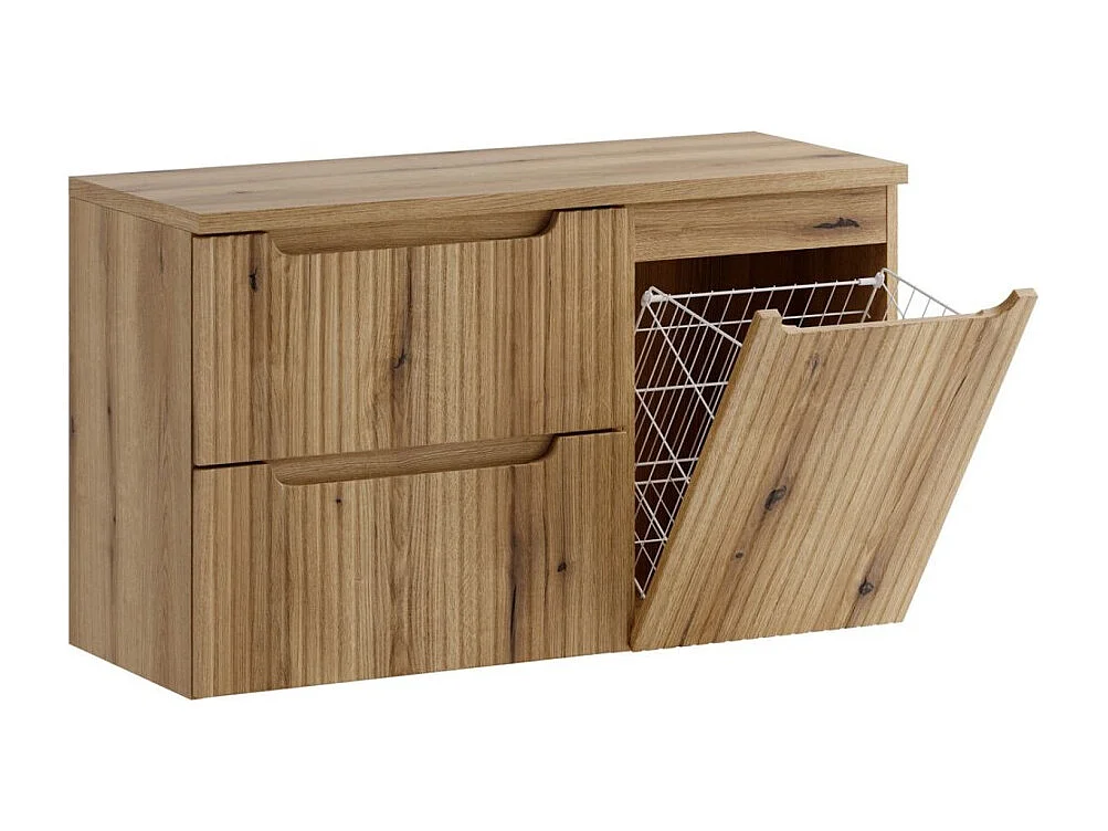 Ensemble de salle de bain VANO chêne clair 100cm : meubles sous vasque à tiroirs avec panier à linge intégré + plan pour vasque