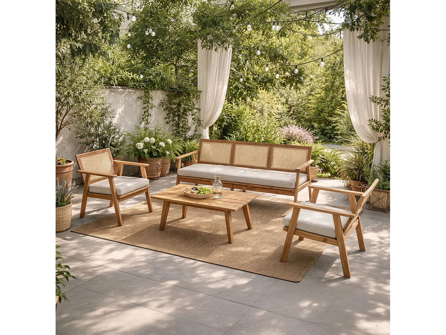 Salon de jardin 5 places en acacia et cannage HANOI