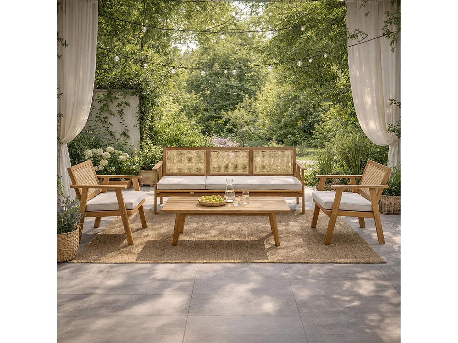 Salon de jardin 5 places en acacia et cannage HANOI