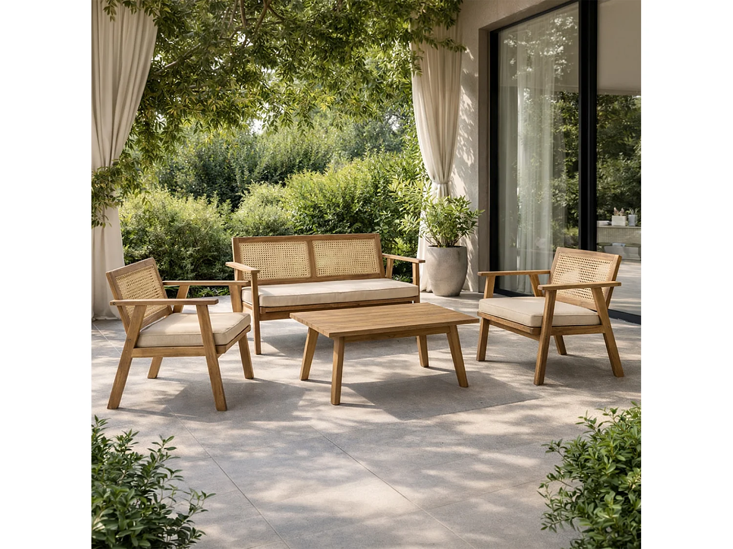 Salon de jardin 4 places en acacia et cannage HANOI