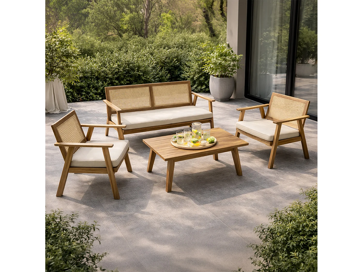 Salon de jardin 4 places en acacia et cannage HANOI