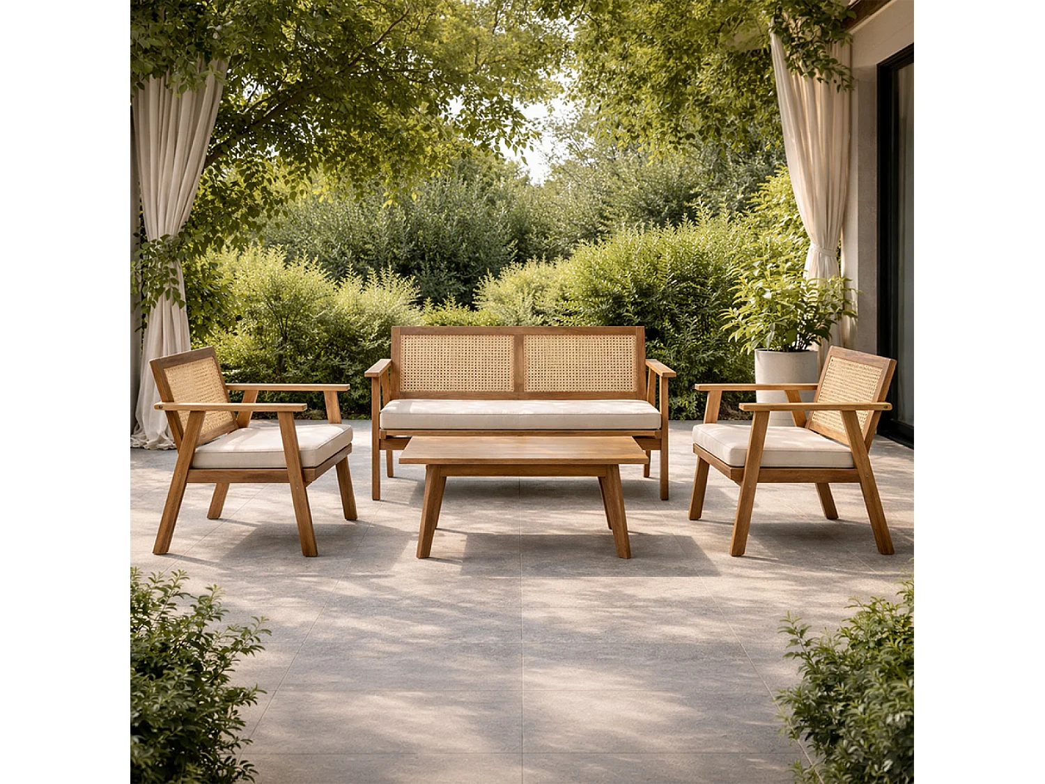 Salon de jardin 4 places en acacia et cannage HANOI