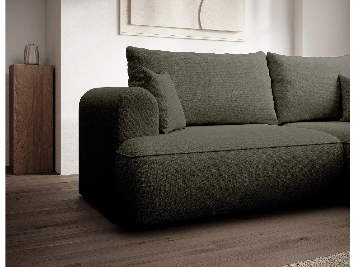 Canapé d’angle avec fonction couchage – angle droit – Vert olive – Chenille – Easy Clean – OVO MINI