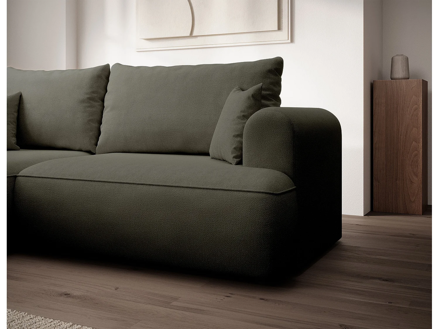 Canapé d’angle avec fonction couchage – angle gauche – Vert olive – Chenille – Easy Clean – OVO MINI