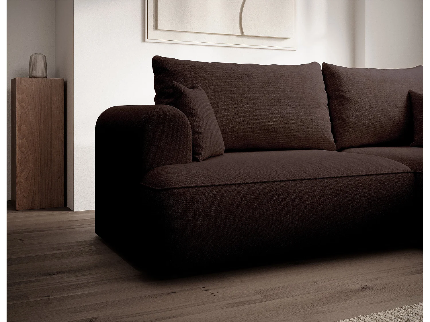Canapé d’angle avec fonction couchage – angle droit – Marron – Chenille – Easy Clean – OVO MINI