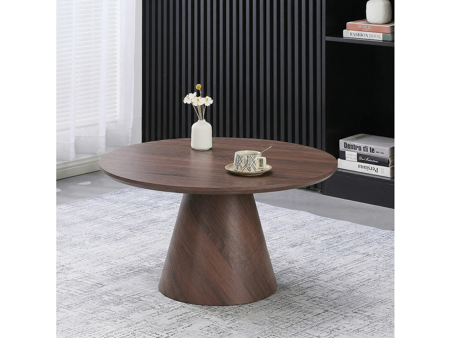 Table basse ronde 80cm - Effet noyer foncé - Pied central conique - MANON