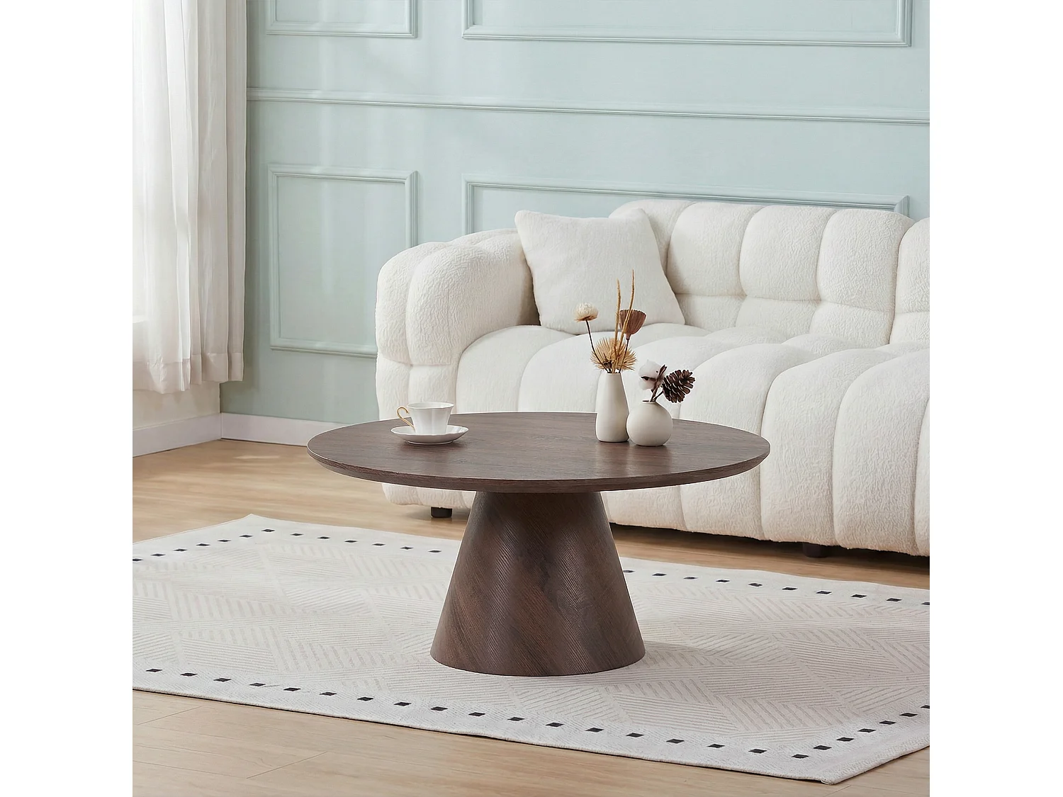 Table basse ronde 80cm - Effet noyer foncé - Pied central conique - MANON