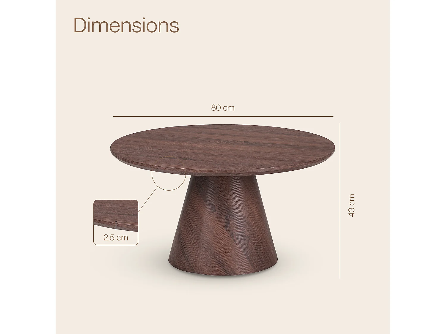 Table basse ronde 80cm - Effet noyer foncé - Pied central conique - MANON